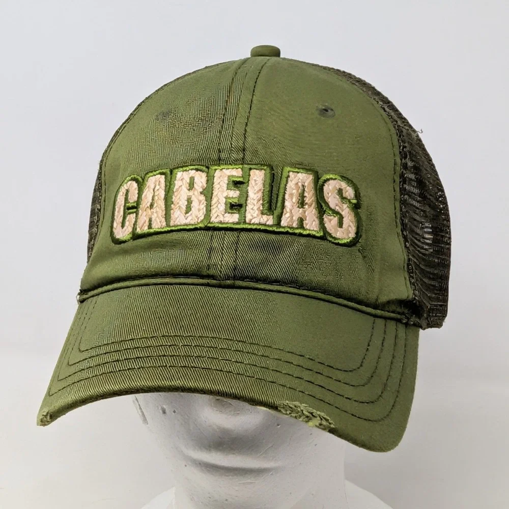 Cabelas Trucker Hat Mens Olive Green Mesh Back Distressed Logo Adjustable Cap